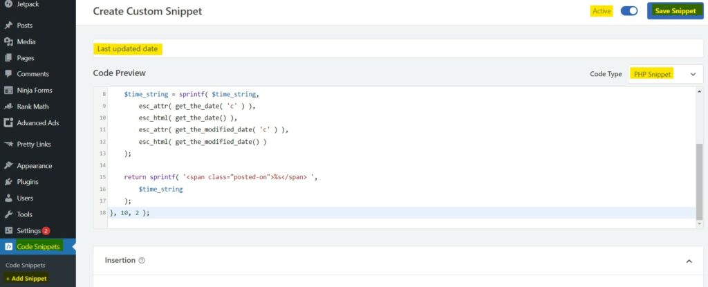 Inserting Last updated date PHP code using WPCode plugin.