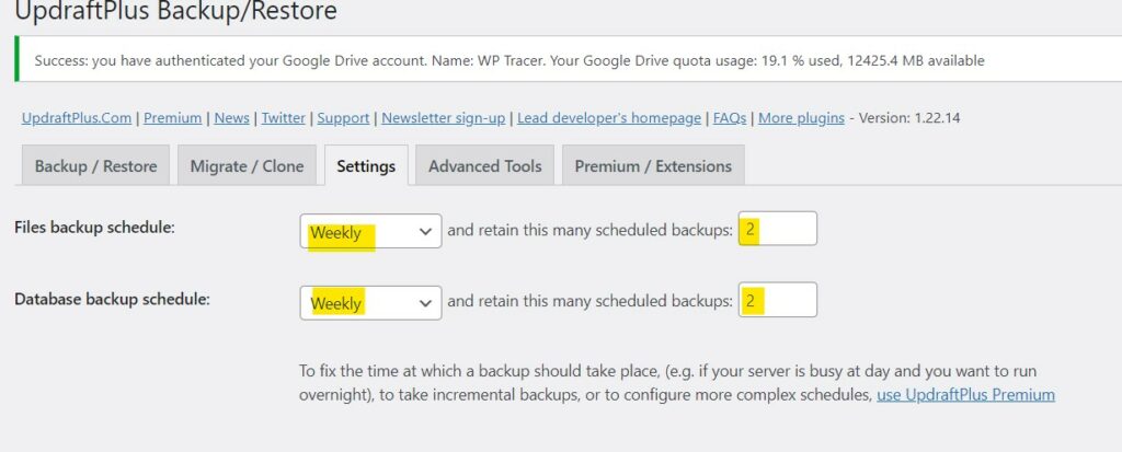 Setting up an automated backup schedule in UpdraftPlus WordPress backup plugin.