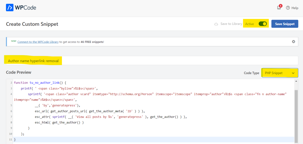 Adding code snippets via WPCode to remove hyperlink from author name in GeneratePress theme.