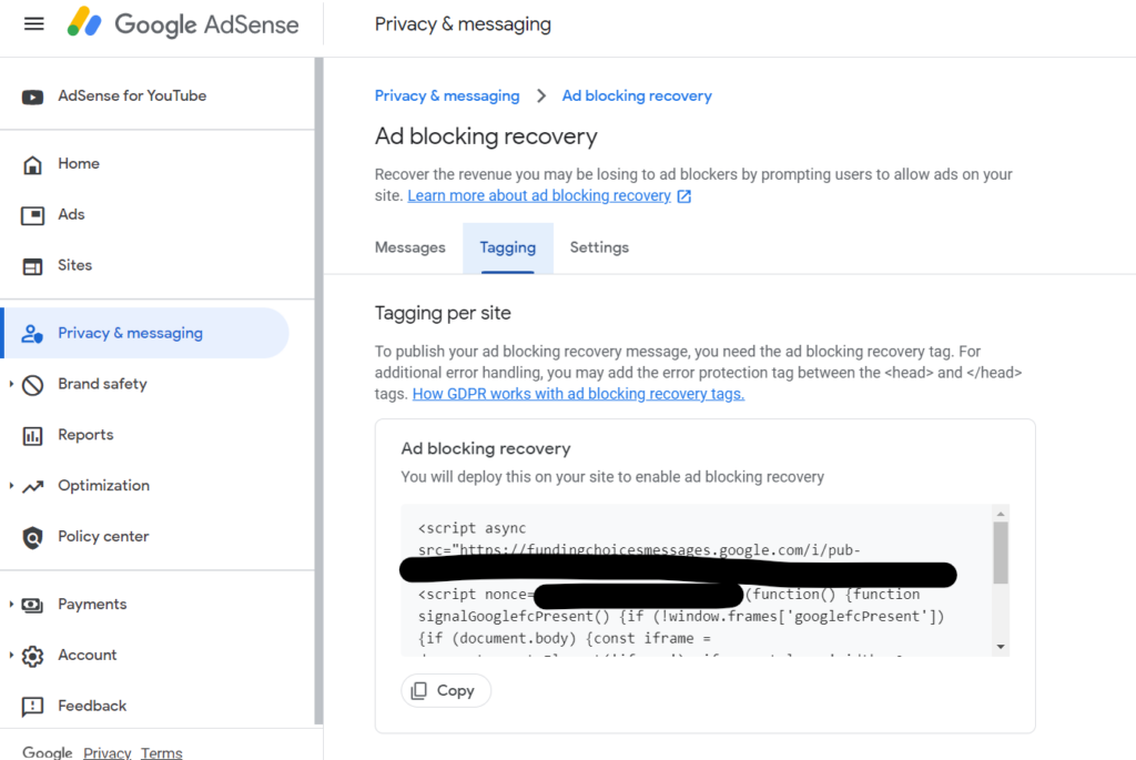 Ad recovery tagging in AdSense.